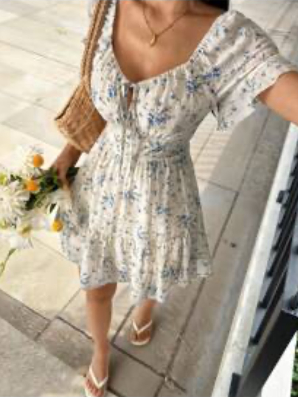 SHEIN Cream Mini Dress with Blue Floral Print Never Worn
